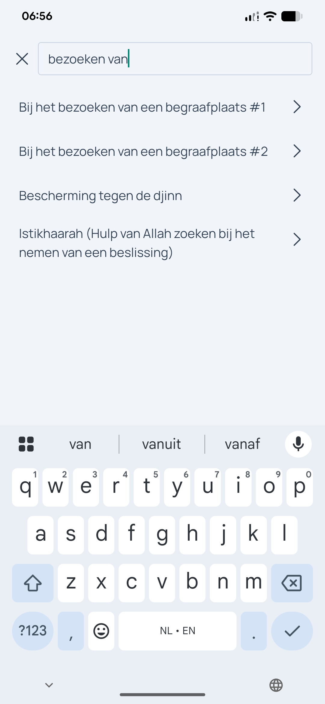 Schermafbeelding van het zoekscherm van de Smeekbeden App met zoekresultaten