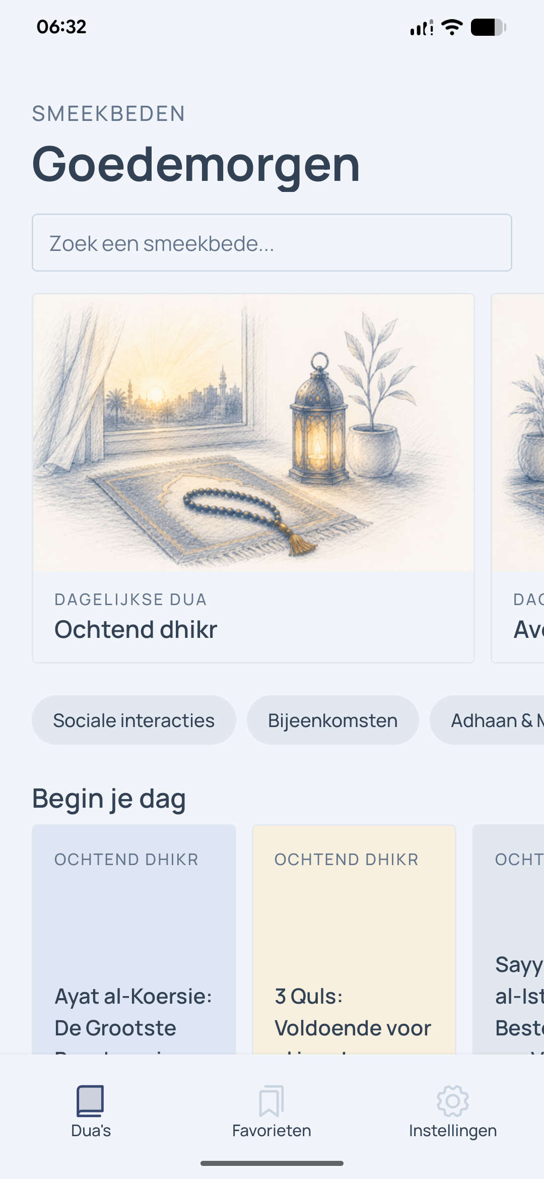 Schermafbeelding van het homescreen van de Smeekbeden App met zoekbalk en dua-categorieën